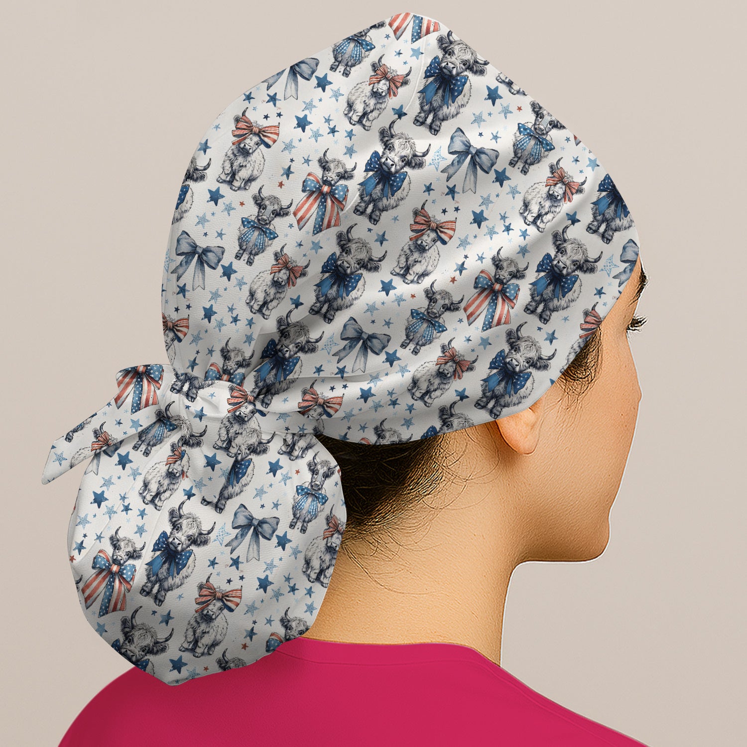 Patriotic Highland Cow Stars Pattern Scrub Cap, Surgical Caps for Doctors