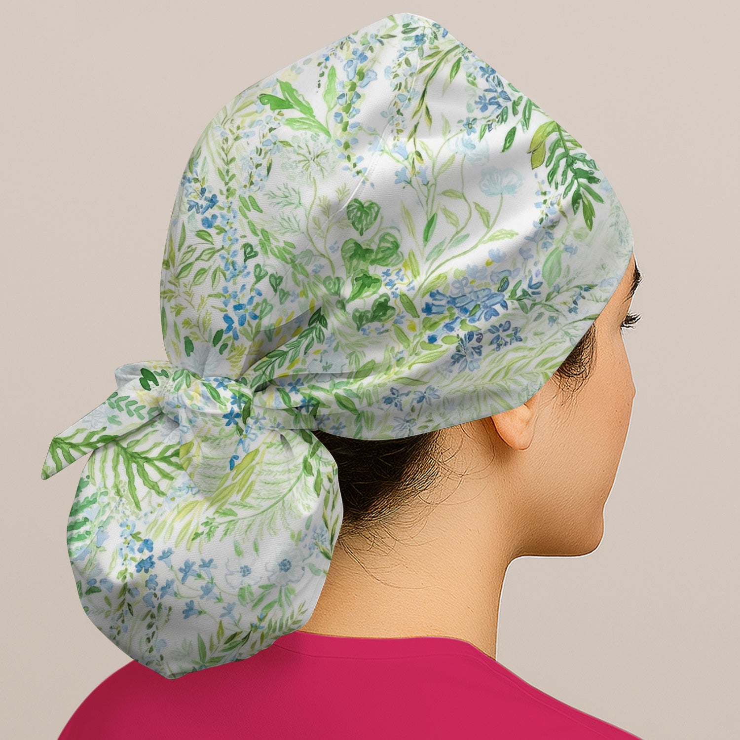 Green Botanical Floral Pattern Print Cap, Surgical Caps for Nurses