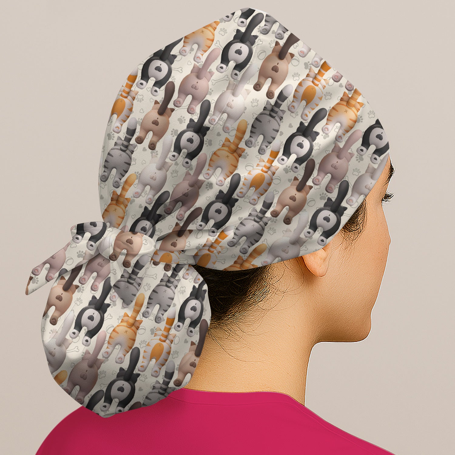 Funny Cat Butt Paw Print Pattern Cap, Bouffant Scrub Caps for Women