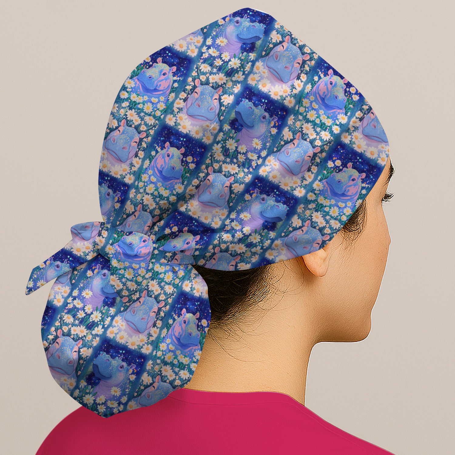 Cute Hippo Daisy Floral Patchwork Scrub Cap, Surgical Caps for Doctors