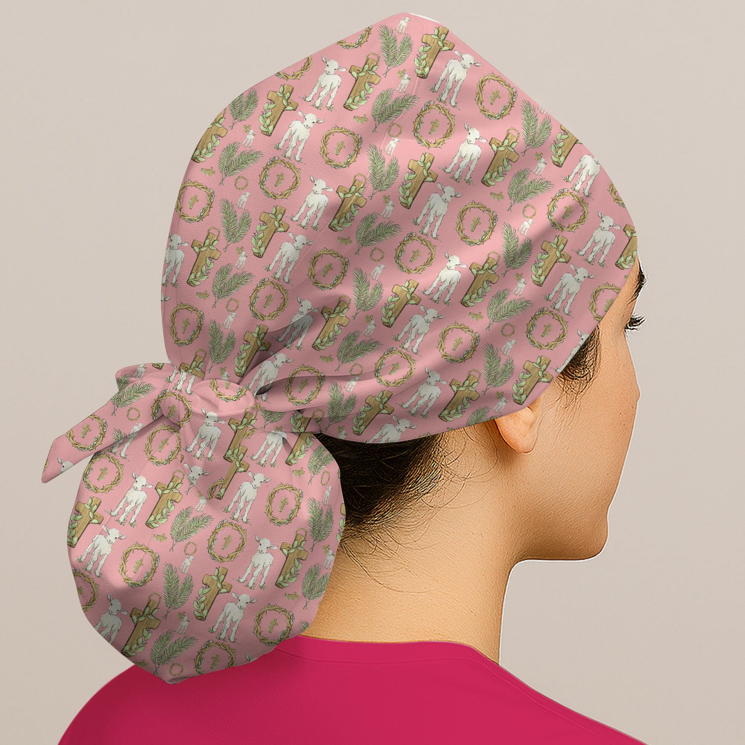 Faith Lamb Cross Pattern Scrub Cap, Bouffant Scrub Caps for Women