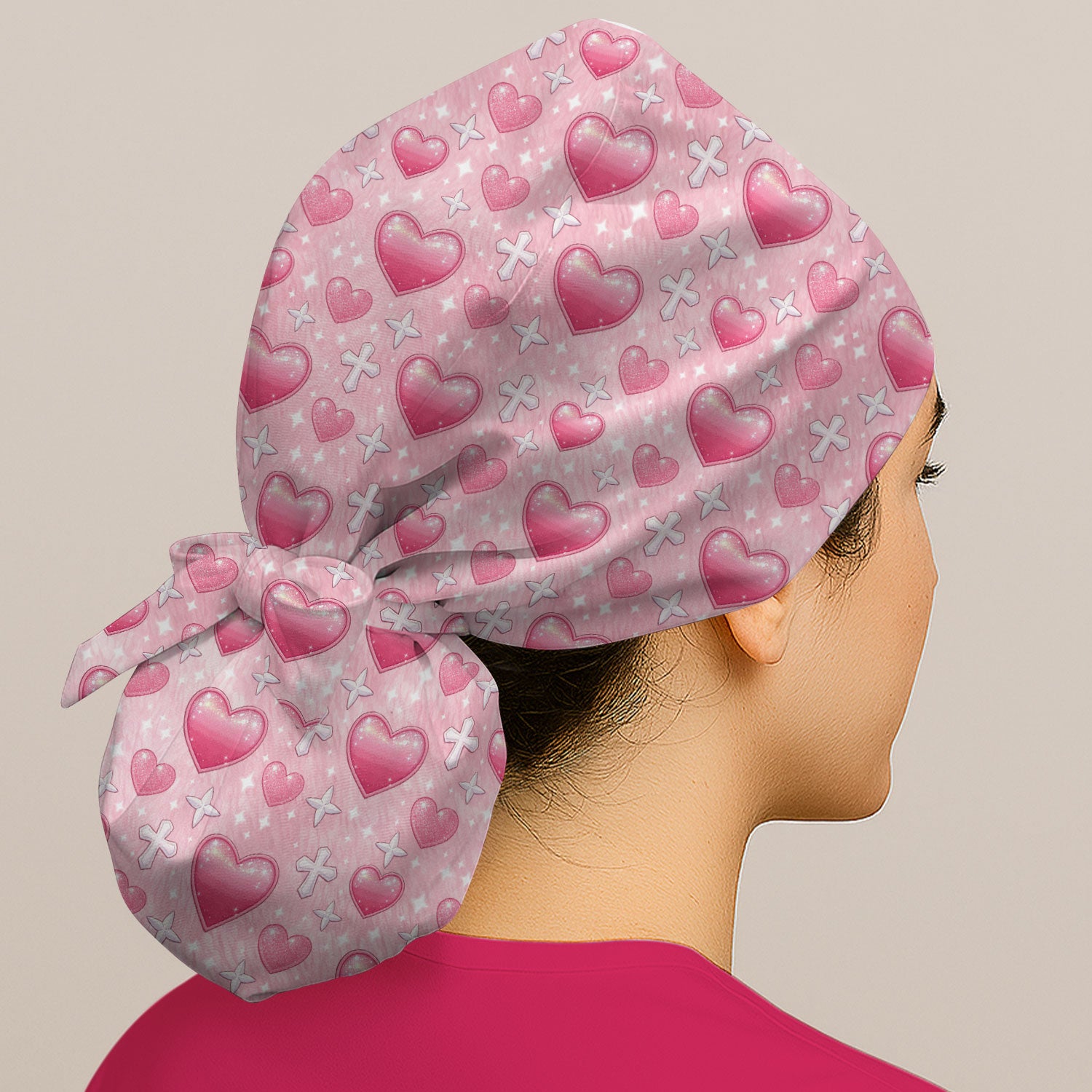 Pink Heart & Cross Pattern Scrub Cap, Bouffant Scrub Caps for Women