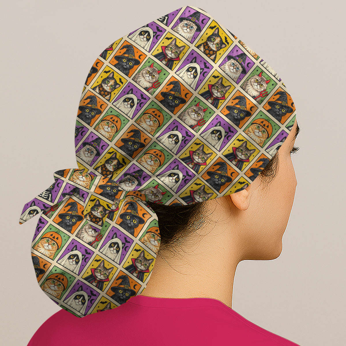 Halloween Cat Costume Patchwork Scrub Cap, Surgical Caps for Nurses