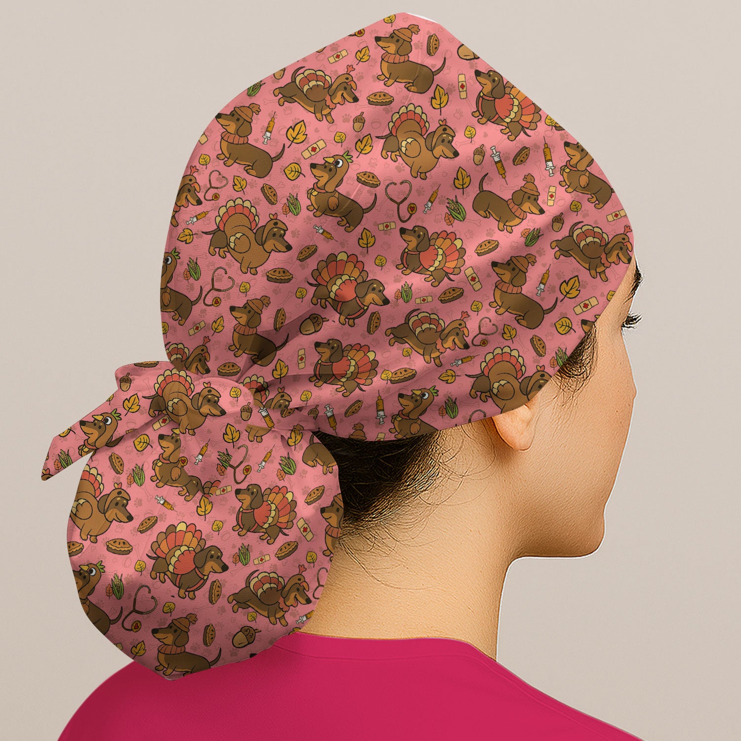 Thanksgiving Wiener Dog Bouffant Scrub Caps for Women - Funny Dachshund Turkey Holiday Nursing Gift - Breathable Fabrics Caps