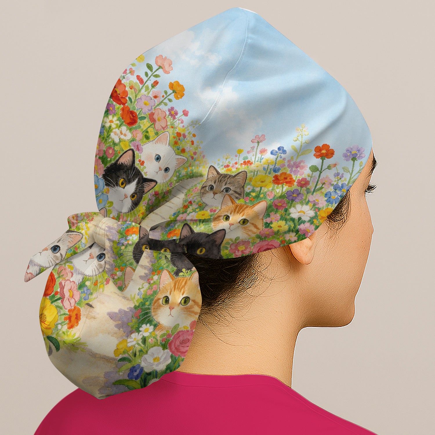 Cute Garden Cats Flower Path Pattern Scrub Cap, Surgical Caps for Doctors