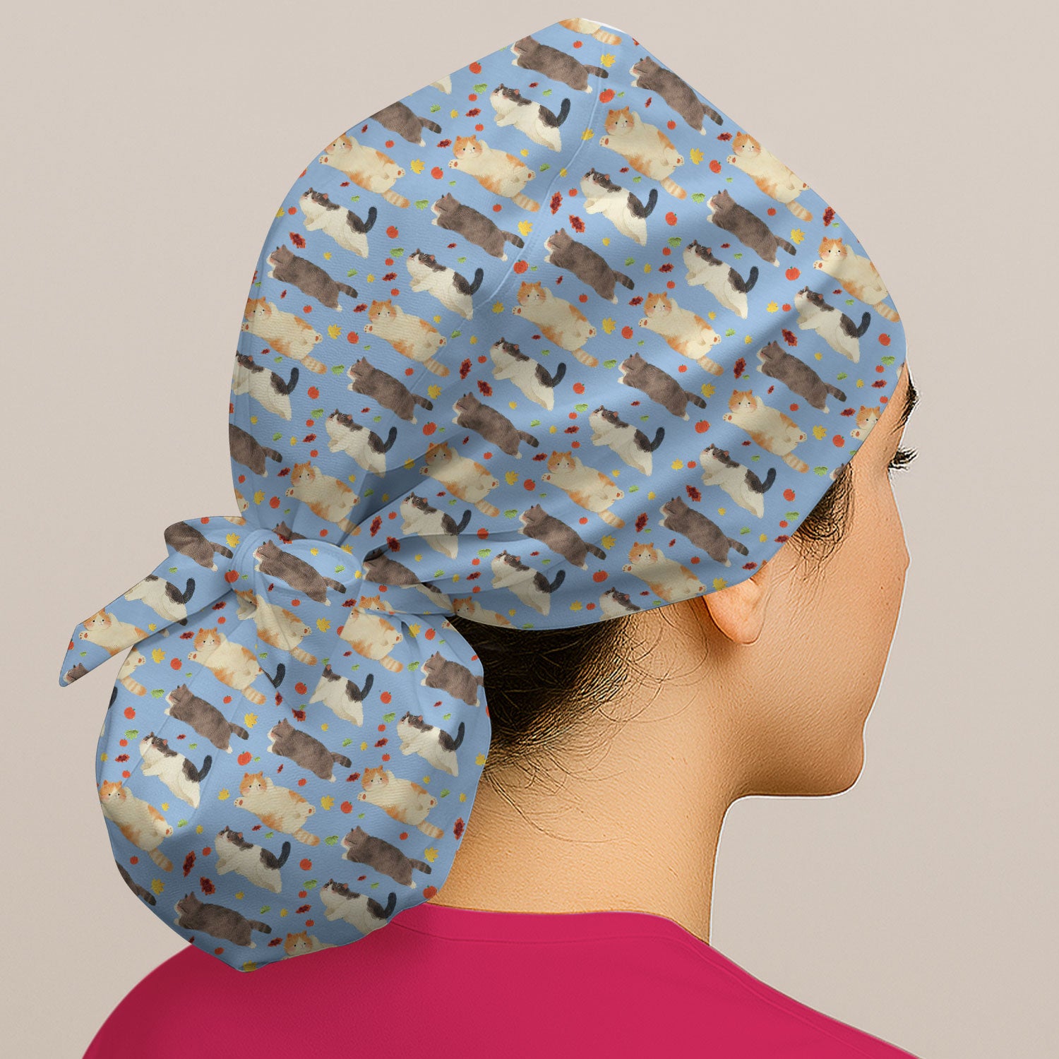 Chubby Cat Autumn Leaves Print Surgical Cap, Breathable Fabrics Caps Uniform