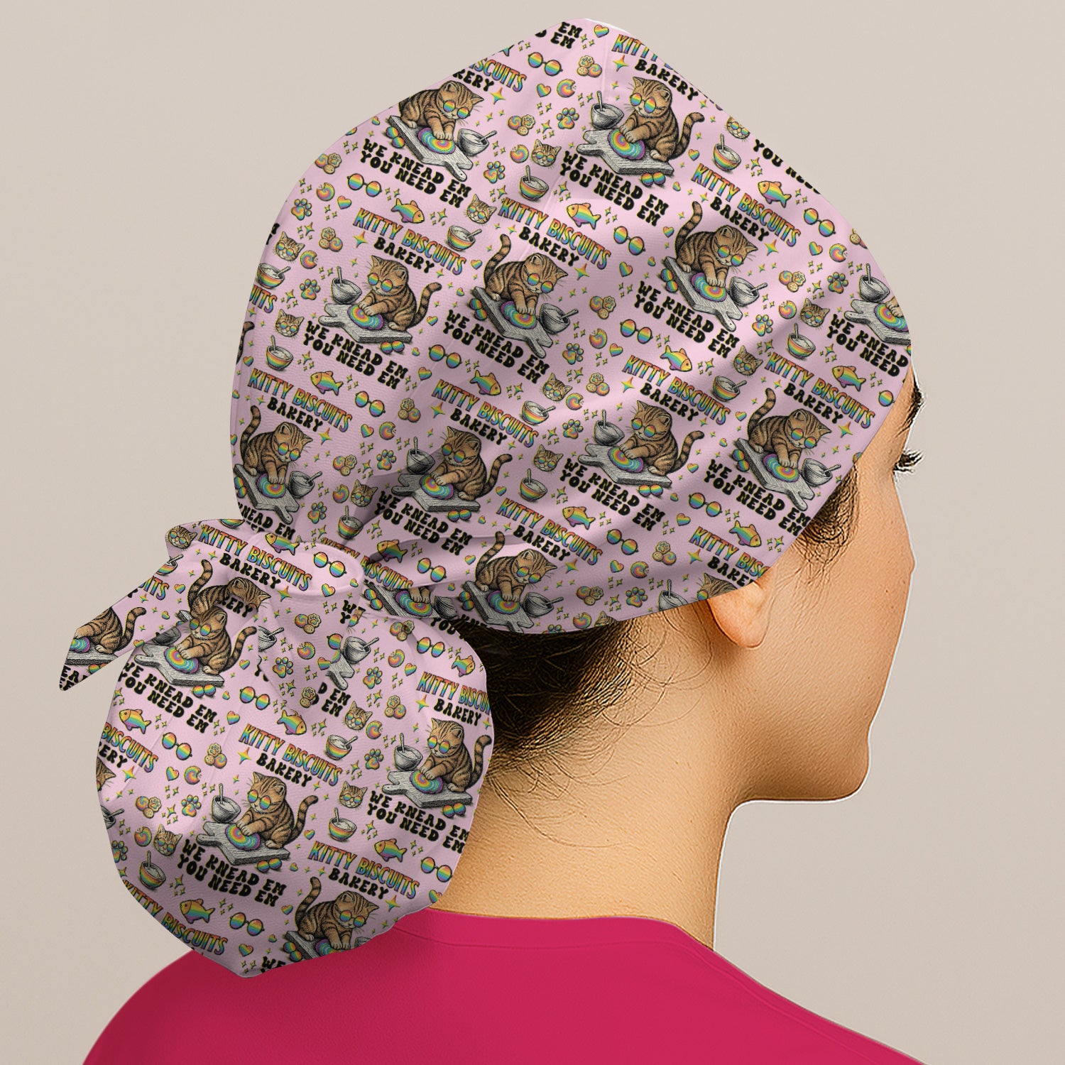 Pride Nurse Cat Baking Rainbow Dough Pattern Cap, Bouffant Scrub Caps for Women