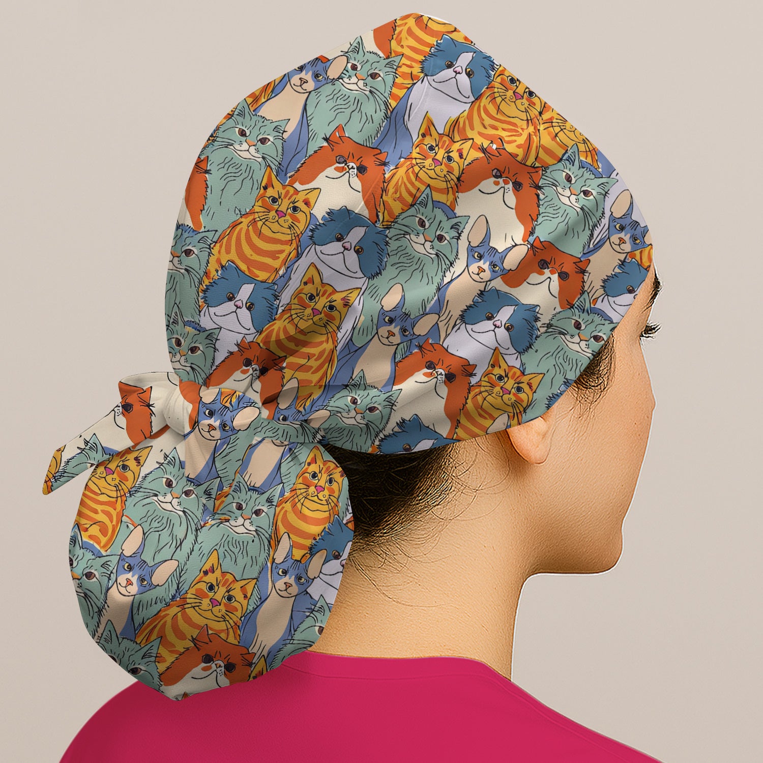 Cute Multicolor Cat Faces Illustration Pattern Scrub Cap, Bouffant Scrub Caps for Women