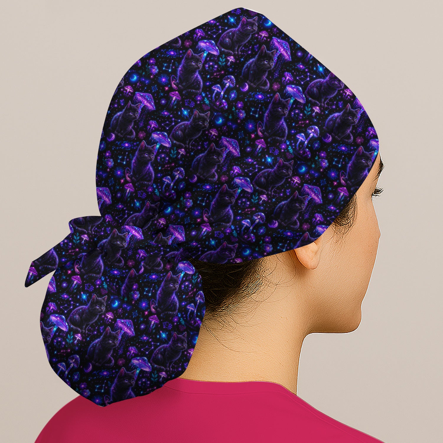 Mystical Black Cat Neon Mushroom Print Scrub Cap, Surgical Caps for Doctors