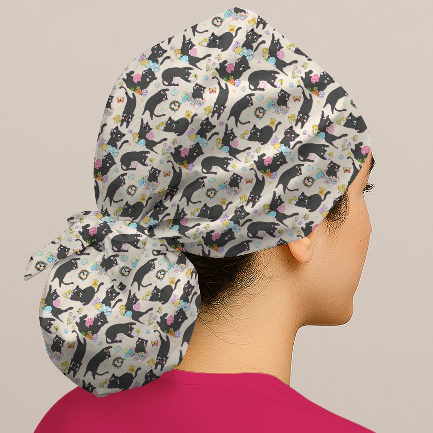 Playful Black Cat Easter Egg Pattern Cap, Bouffant Scrub Caps for Women