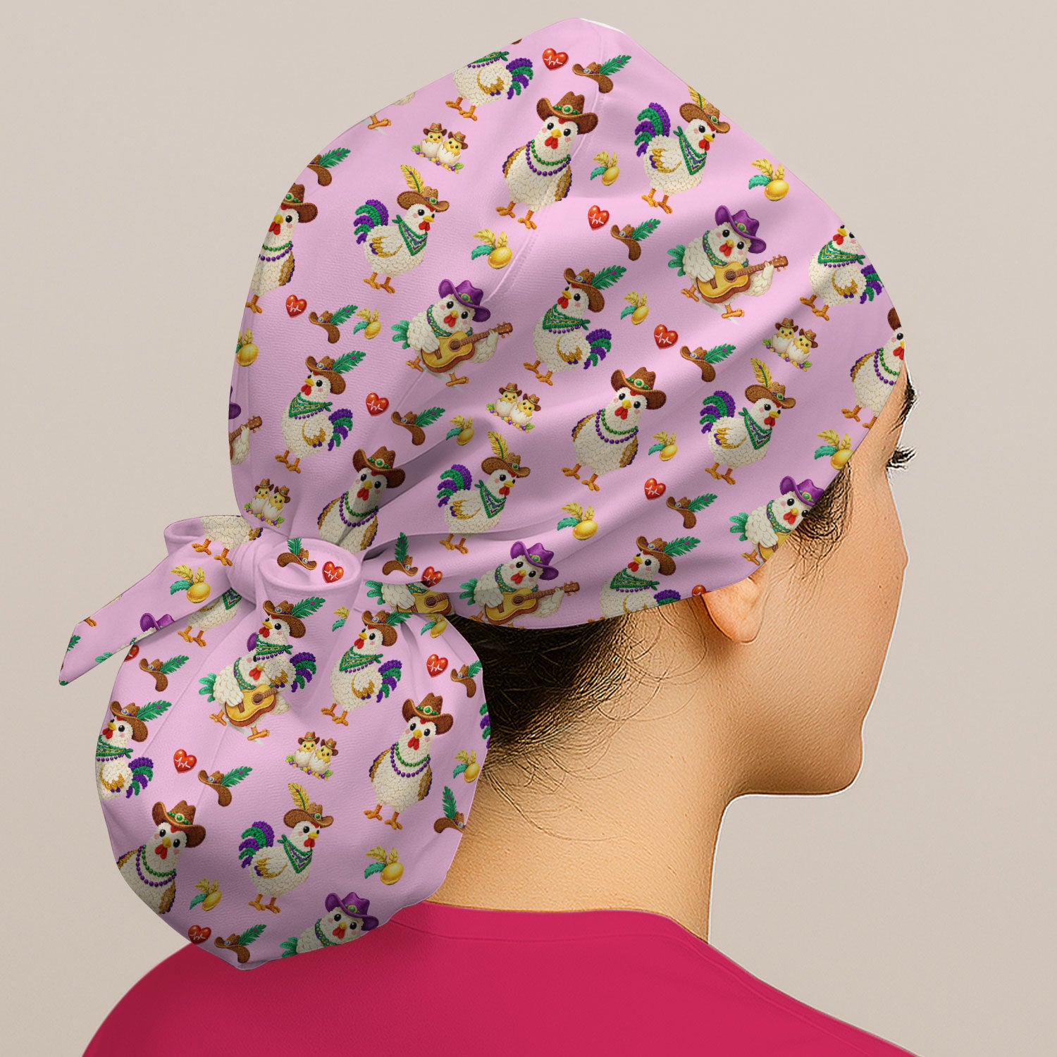 Funny Mardi Gras Rooster Cowboy Print Cap, Bouffant Scrub Caps for Women