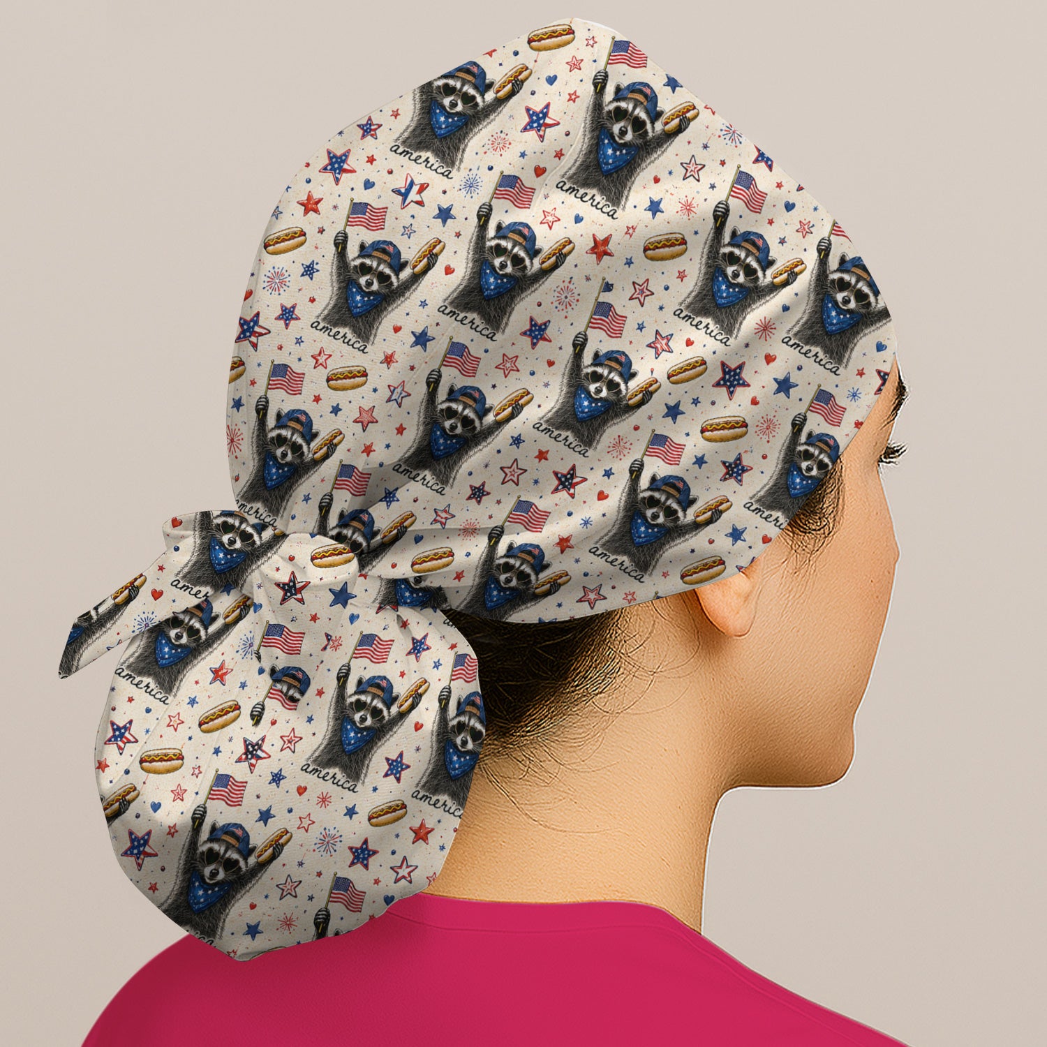 Patriotic Raccoon America Hotdog Pattern Scrub Cap, Surgical Caps for Doctors
