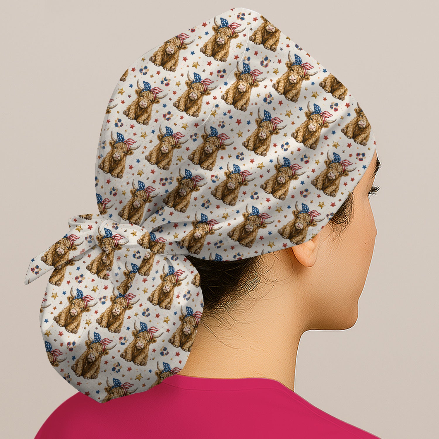 Patriotic Highland Cow Nurse for RN & CNA, Americana Farm Animal Healthcare Workers Medical Uniform Scrub Cap, Surgical Caps for Doctors
