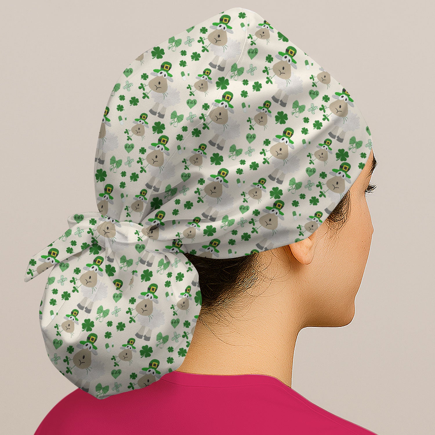 Nurse St. Patrick Scrubs Cap, Cute Sheep Shamrock Pattern Nurse Hat, Breathable Fabrics Nursing Uniform