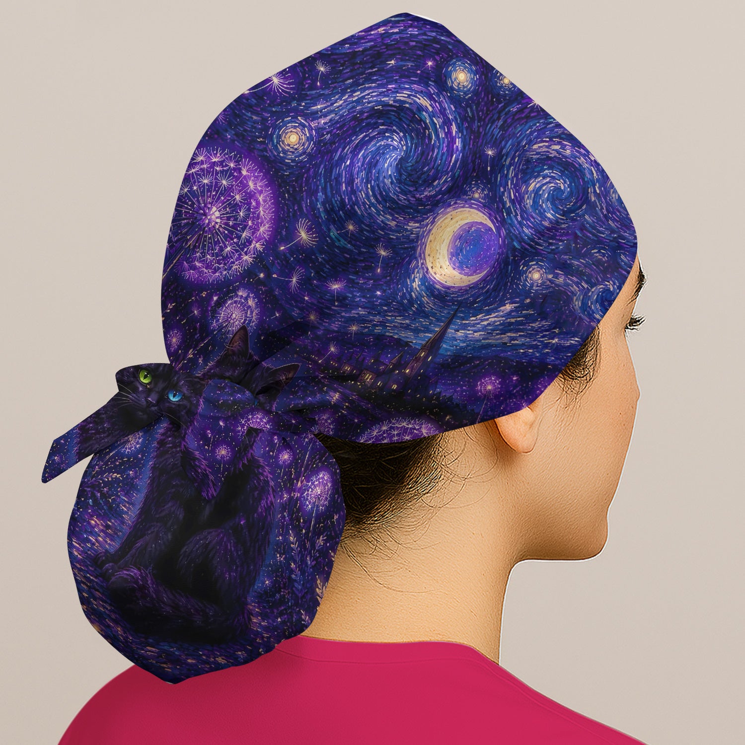 Mystical Black Cat Starry Night Print Scrub Cap, Surgical Caps for Doctors