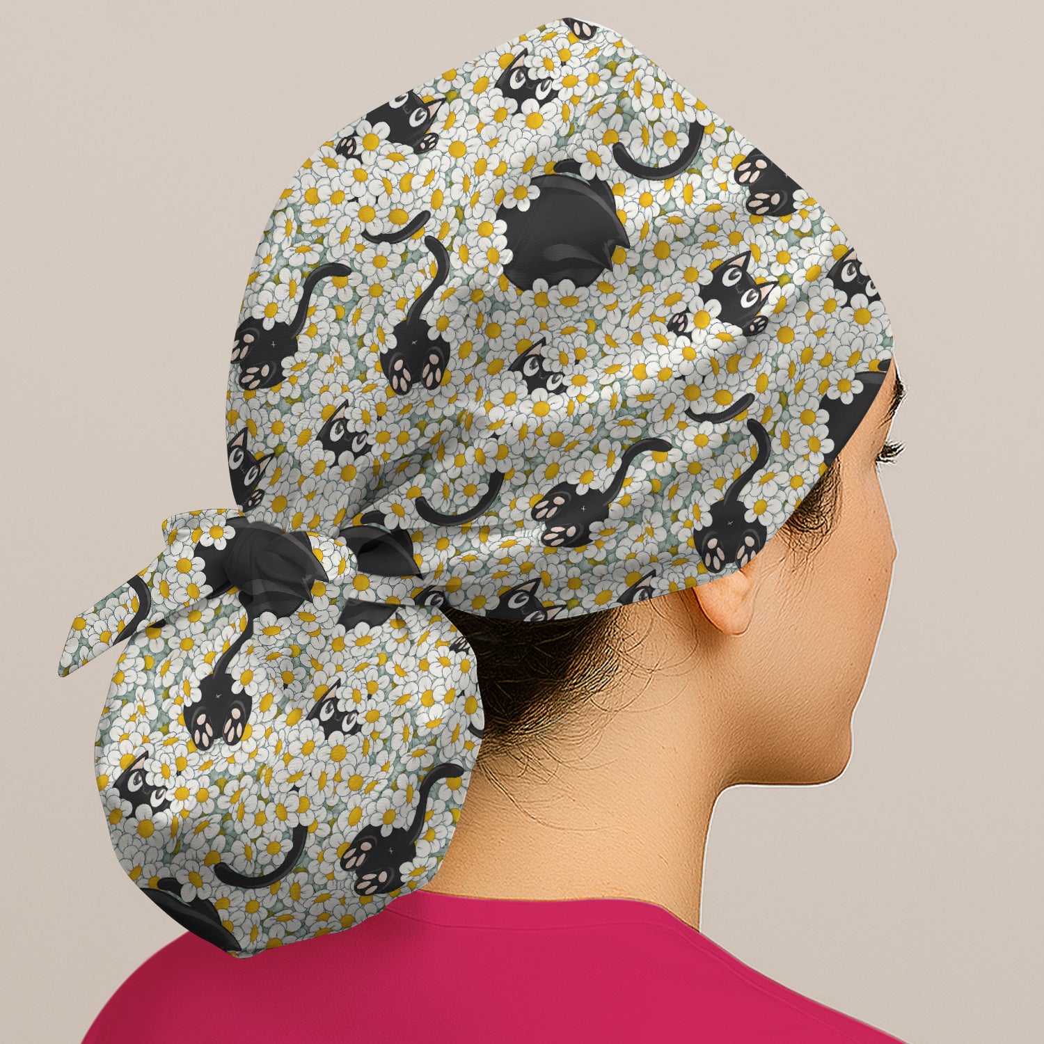 Daisy Black Cat Nurse Pattern Scrub Cap, Surgical Caps for Doctors