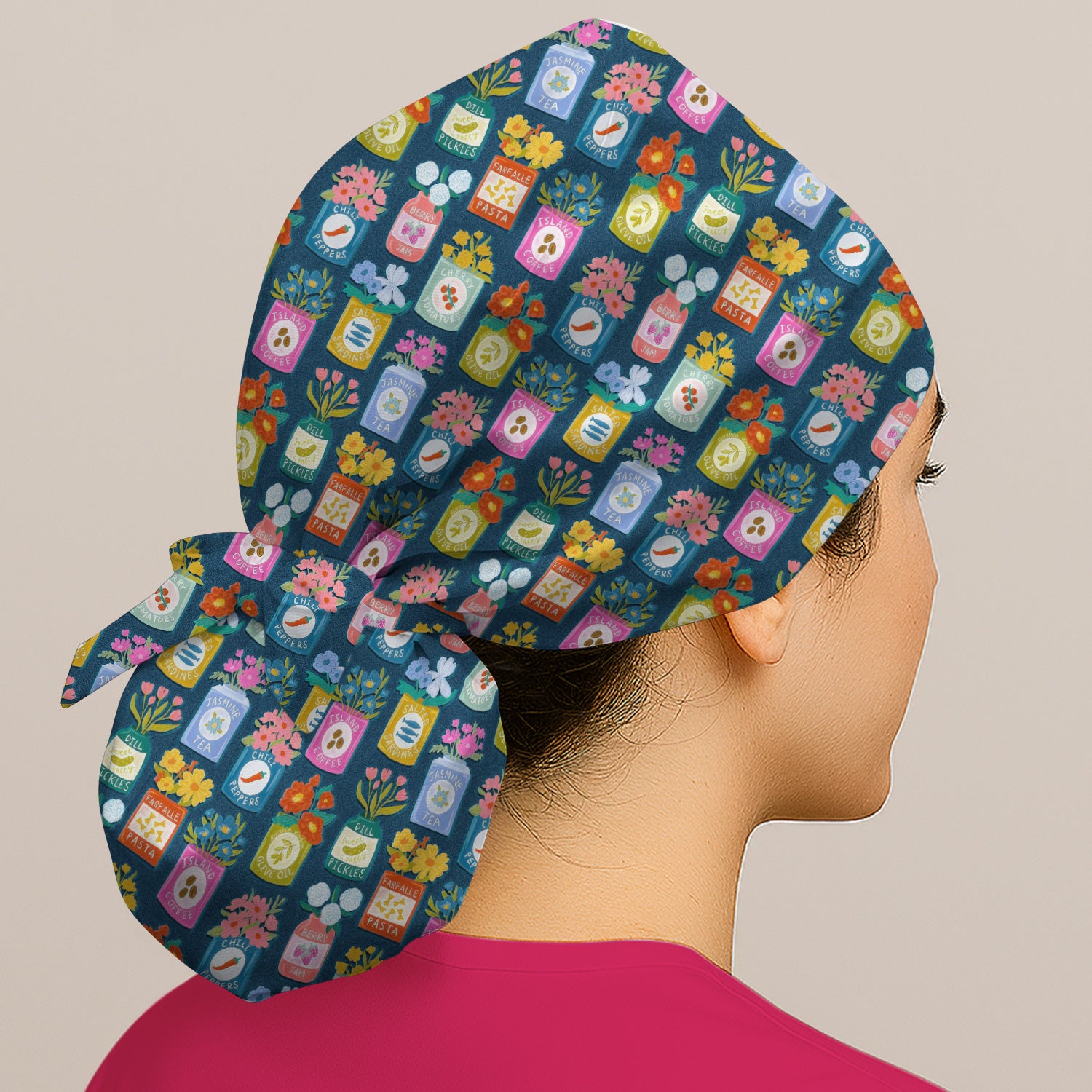 Colorful Pantry Jars Flowers Pattern Caps, Bouffant Scrub Caps for Women