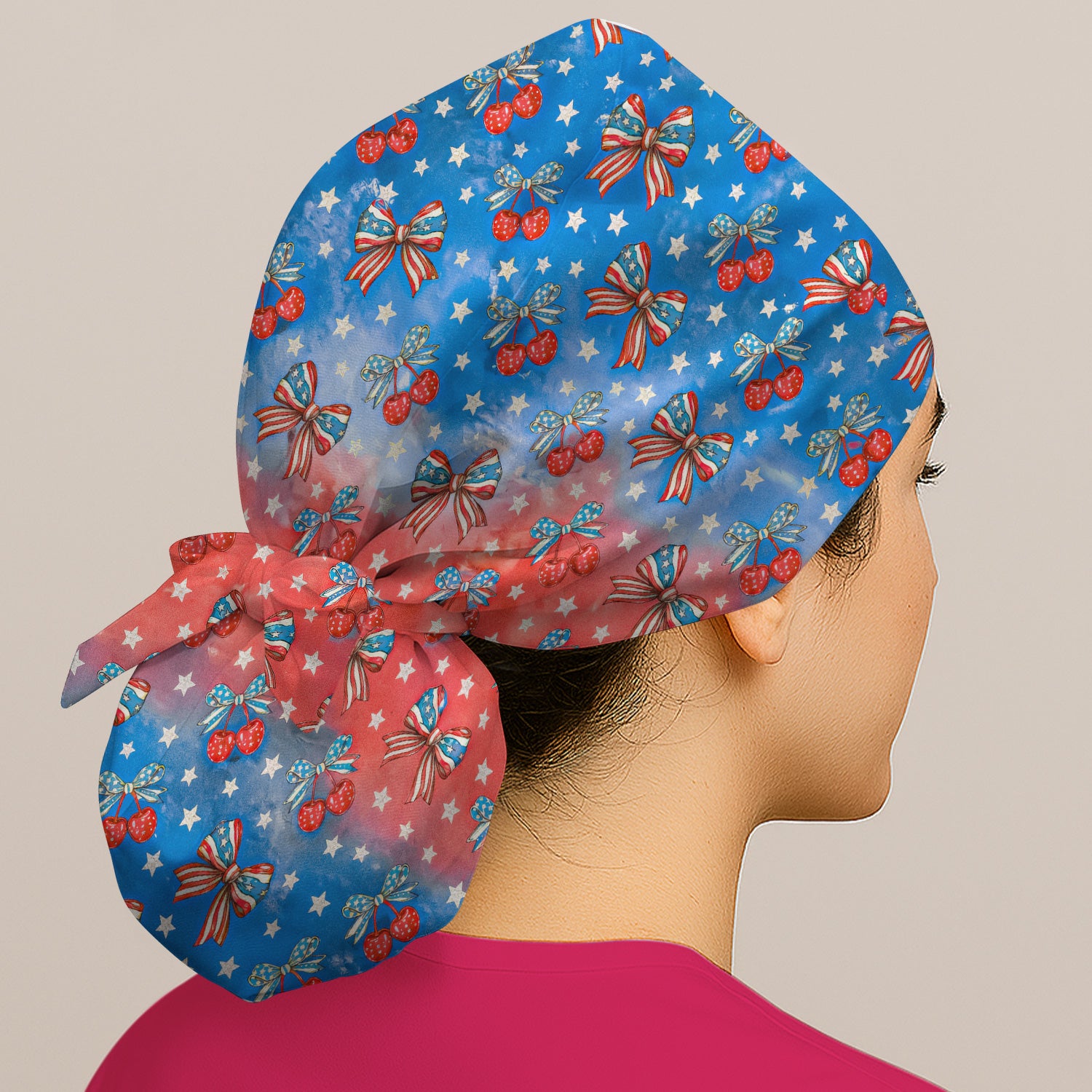 Festive Patriotic Star Bow Cherry Pattern Nurse Scrub Cap, Surgical Caps for Doctors