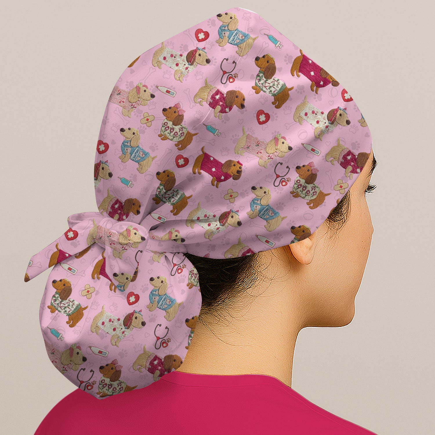 Cute Medical Wiener Dog Pattern Nurse Cap, Dachshund Nursing Scrub Hat, Breathable Fabrics Nursing Uniform
