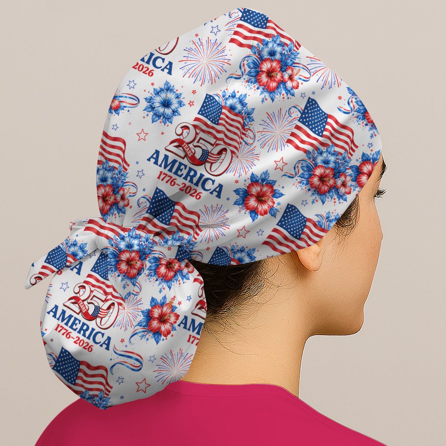 America 250 with Flag Firework Pattern Scrub Cap, Surgical Caps for Doctors