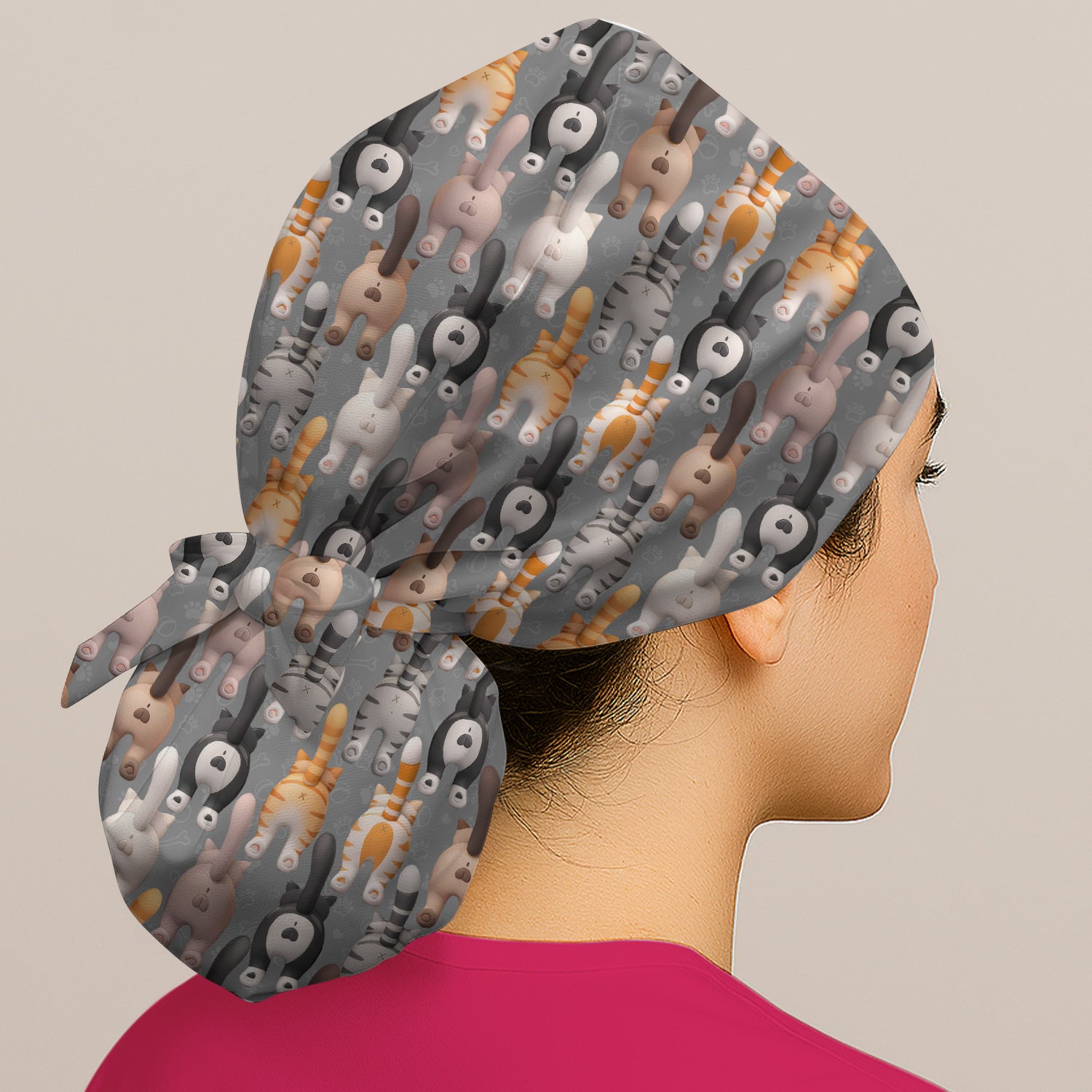 Funny Cat Butt Paw Print Pattern Cap, Bouffant Scrub Caps for Women