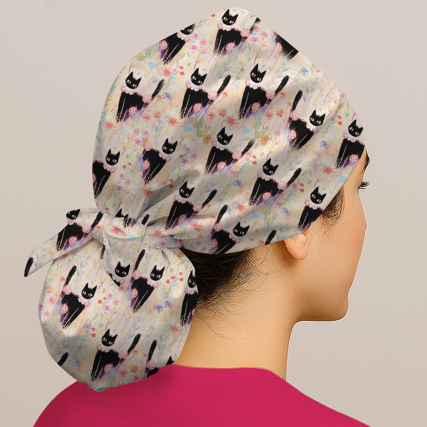 Black Cat Floral Garden Nurse Pattern Scrub Cap, Surgical Caps for Doctors