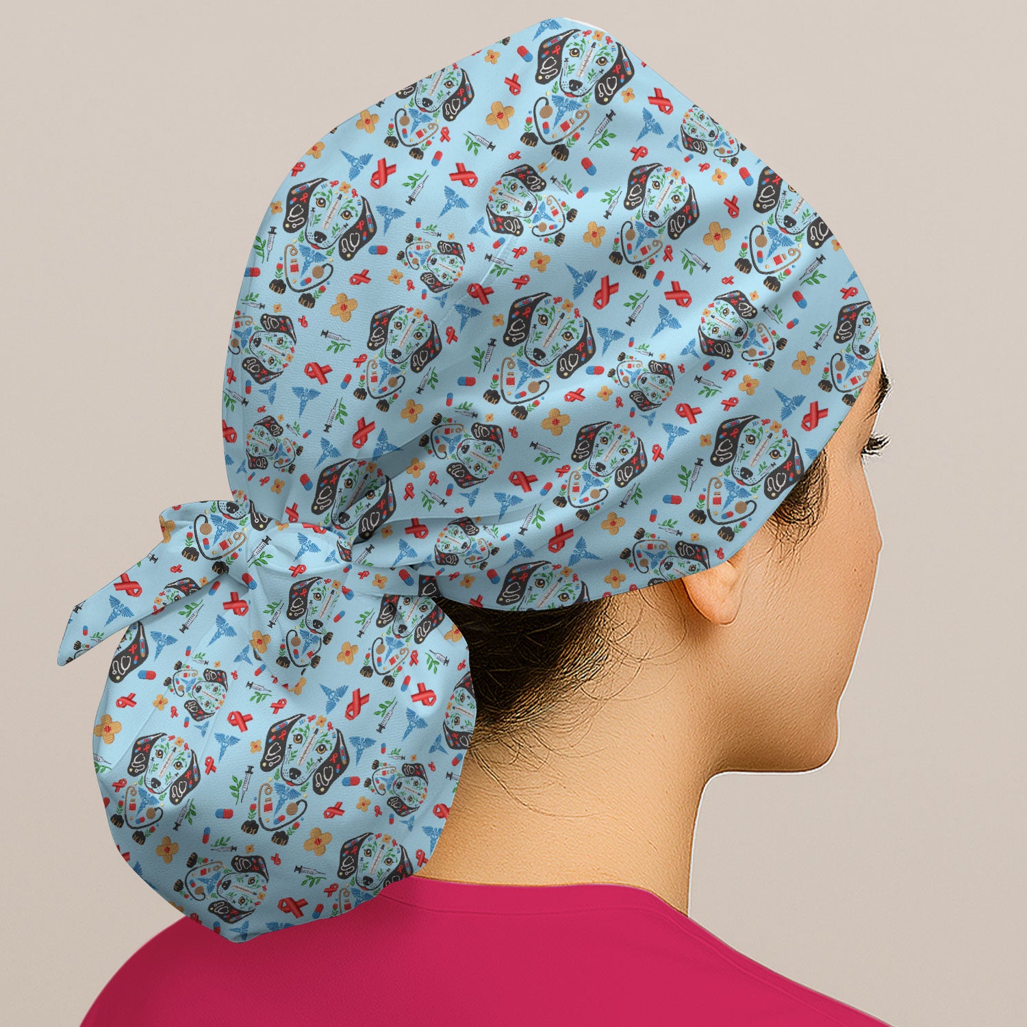 Dachshund Medical Icon Pattern Scrub Cap, Bouffant Scrub Caps for Women