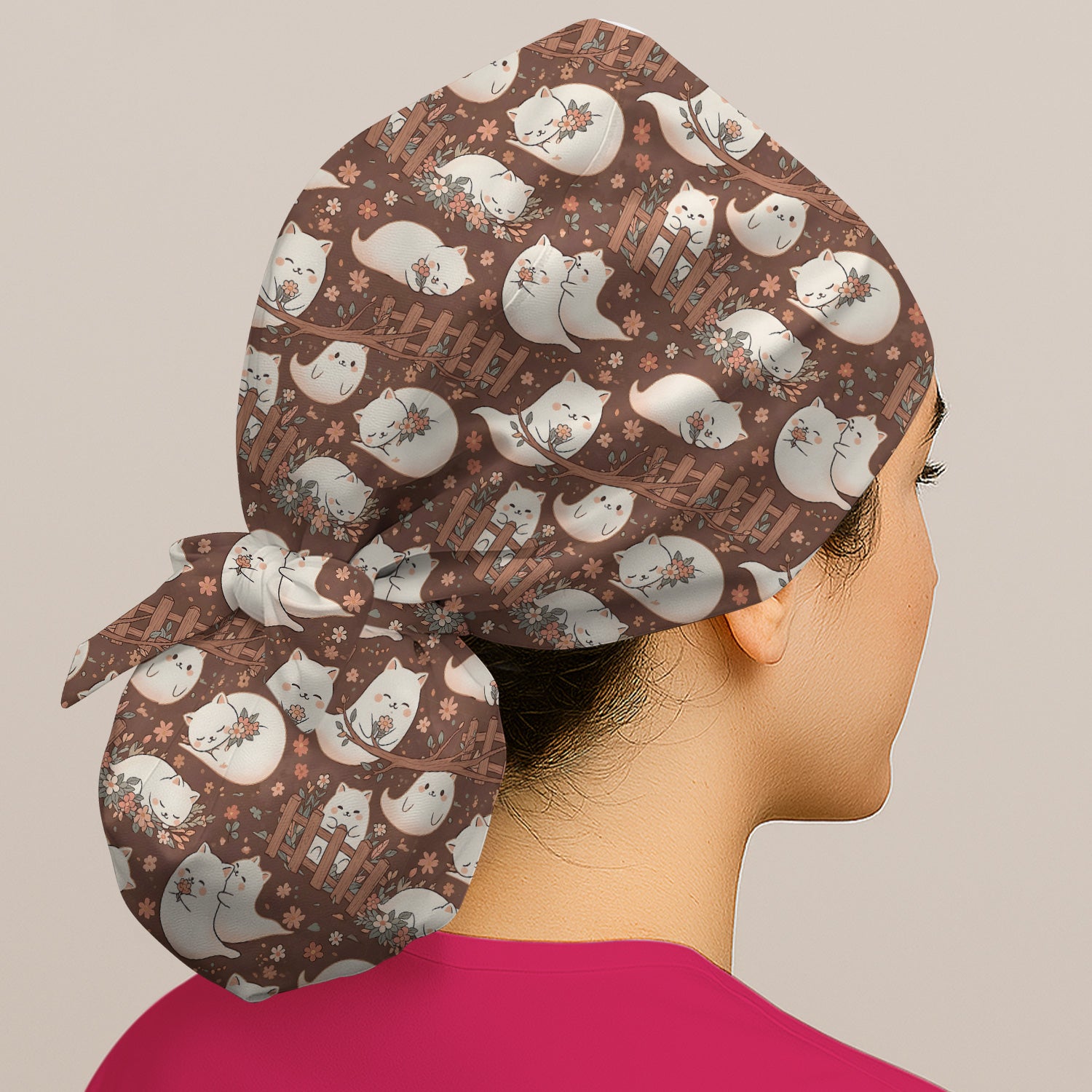 Floral Cat with Garden Fence Print Scrub Cap, Surgical Caps for Doctors