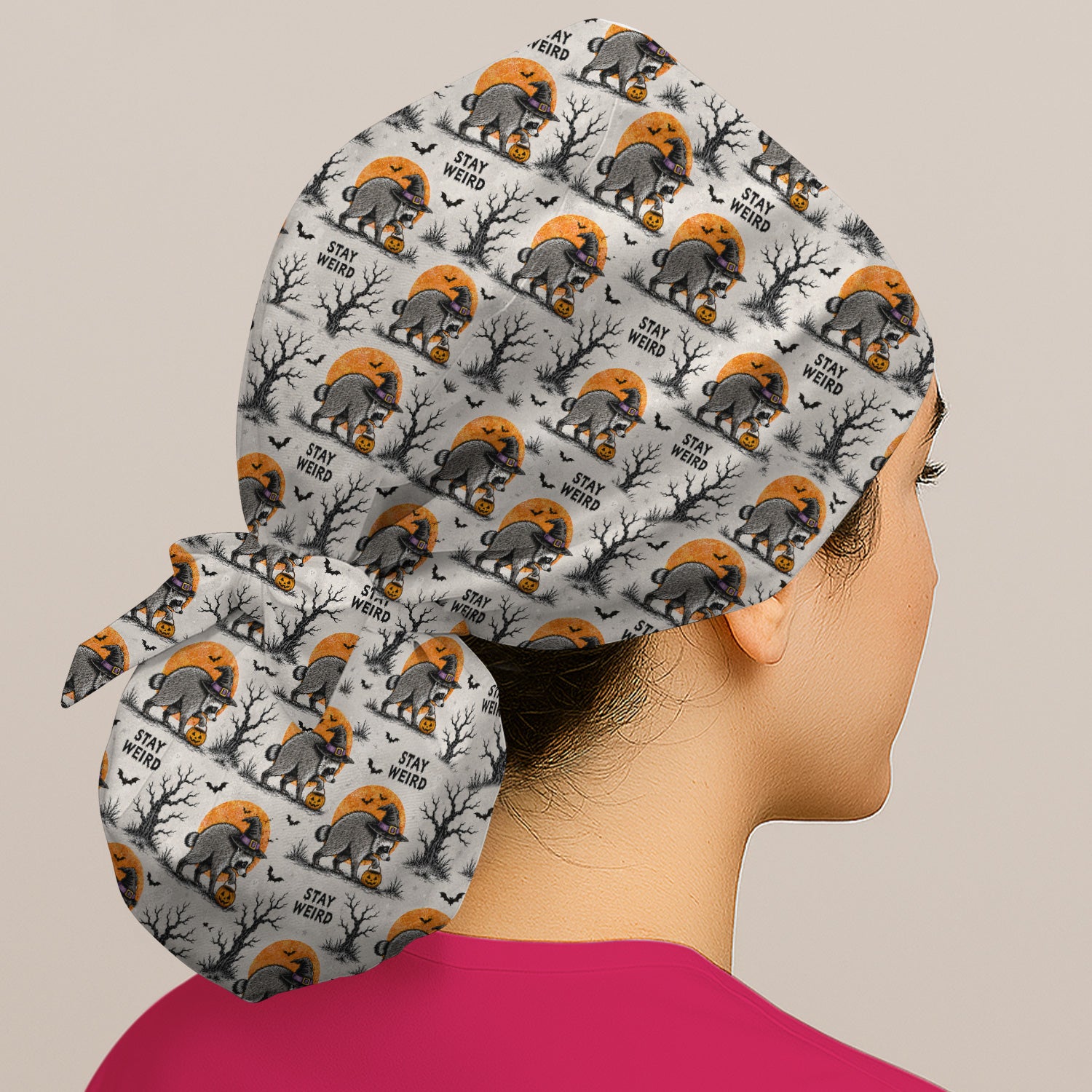 Funny Stay Weird Halloween Raccoon Scrub Cap, Surgical Caps for Doctors