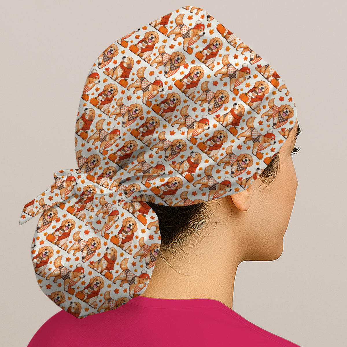 Fall Golden Retriever And Pumpkin Scrub Cap, Surgical Caps for Nurses