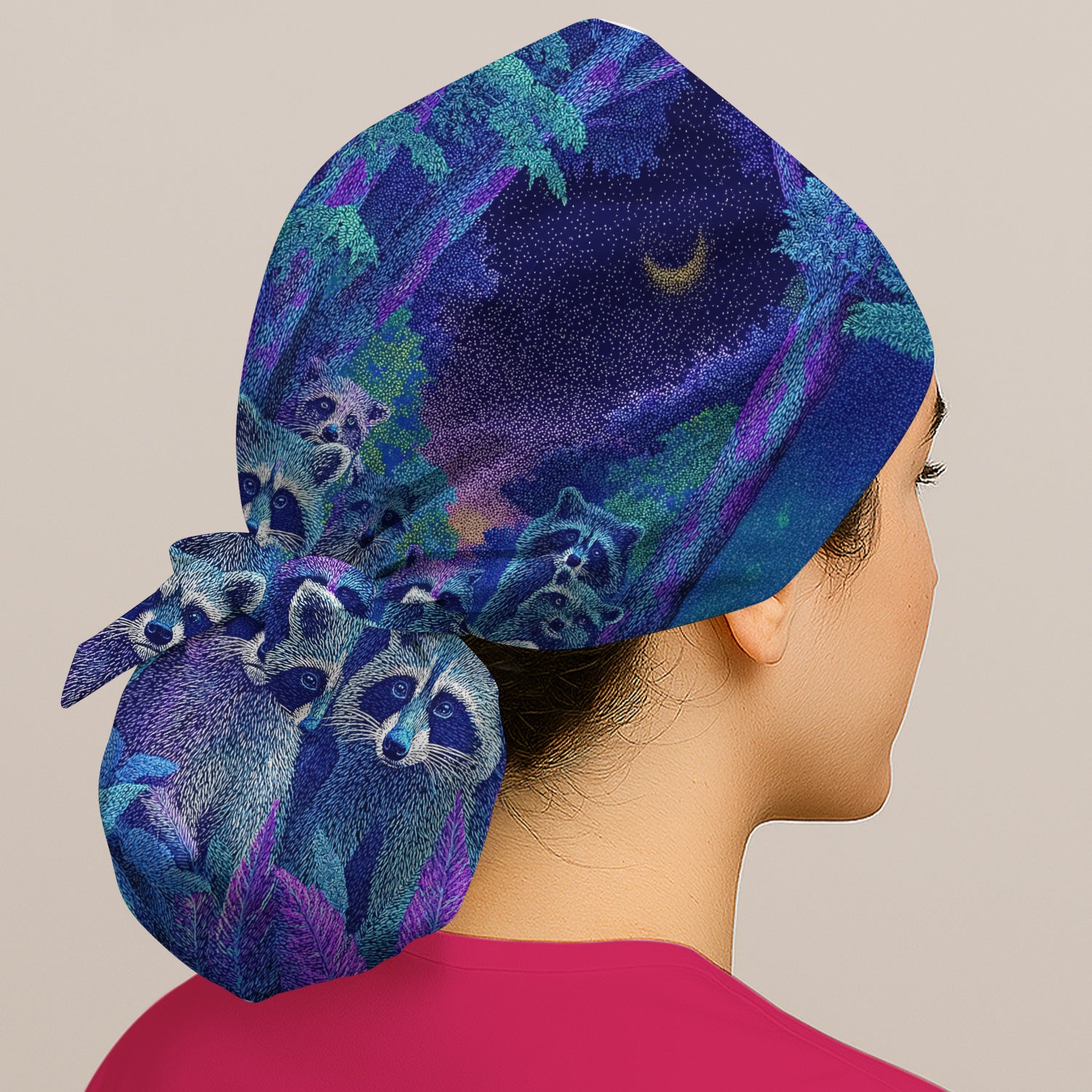 Moonlit Raccoon Pattern Scrub Cap, Surgical Caps for Doctors
