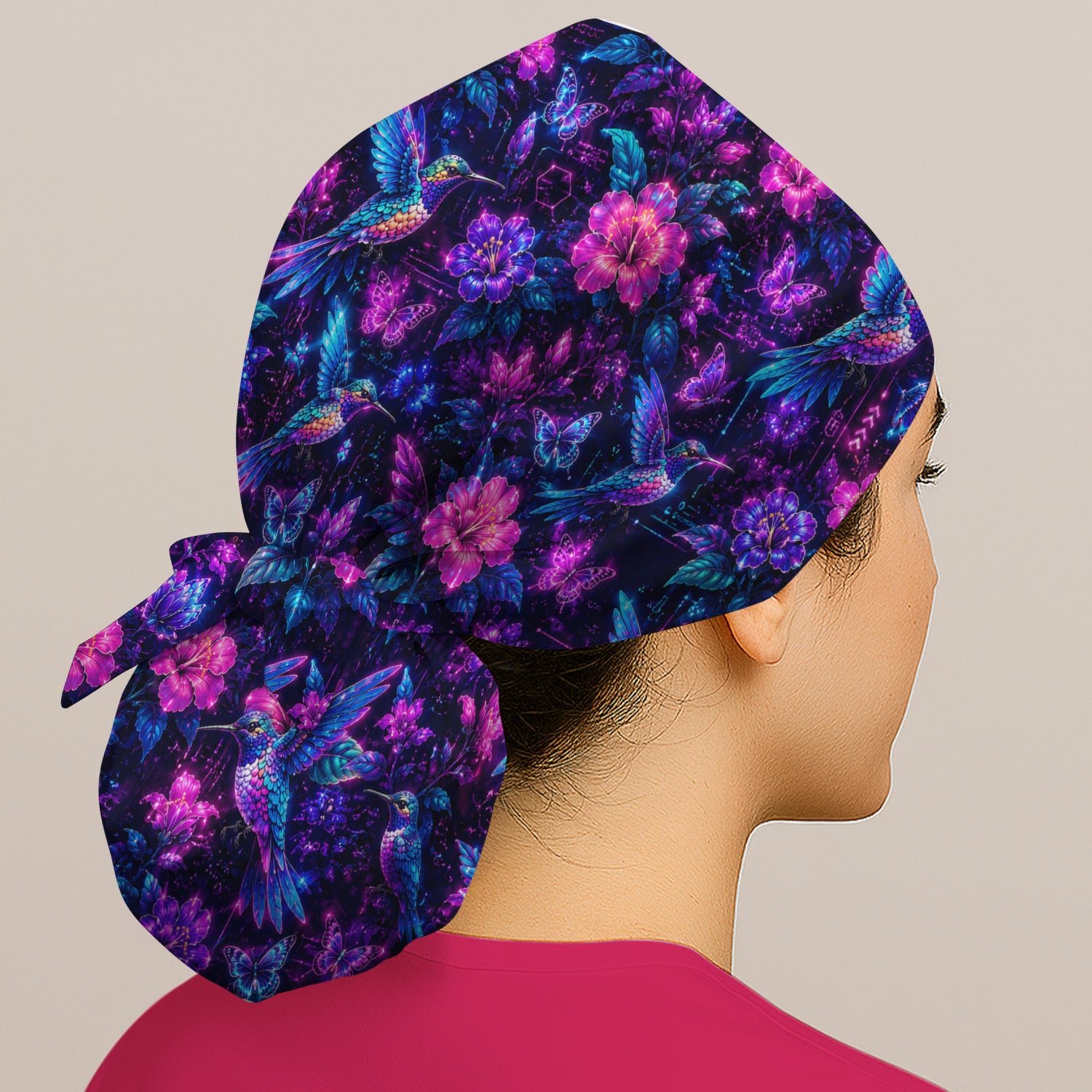 Neon Hummingbird Butterfly Bloom Pattern Scrub Cap, Surgical Caps for Doctors