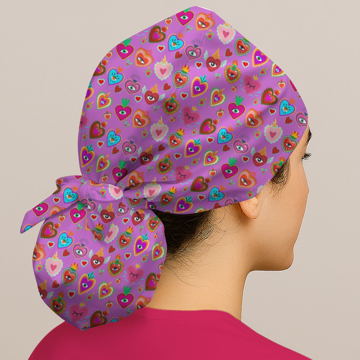 Valentine Colorful Sacred Heart Print Cap, Bouffant Scrub Caps for Women