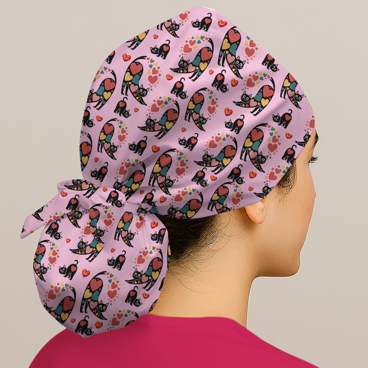 Playful Cat Valentine Heart Print Nurse Scrub Cap, Bouffant Scrub Caps for Women