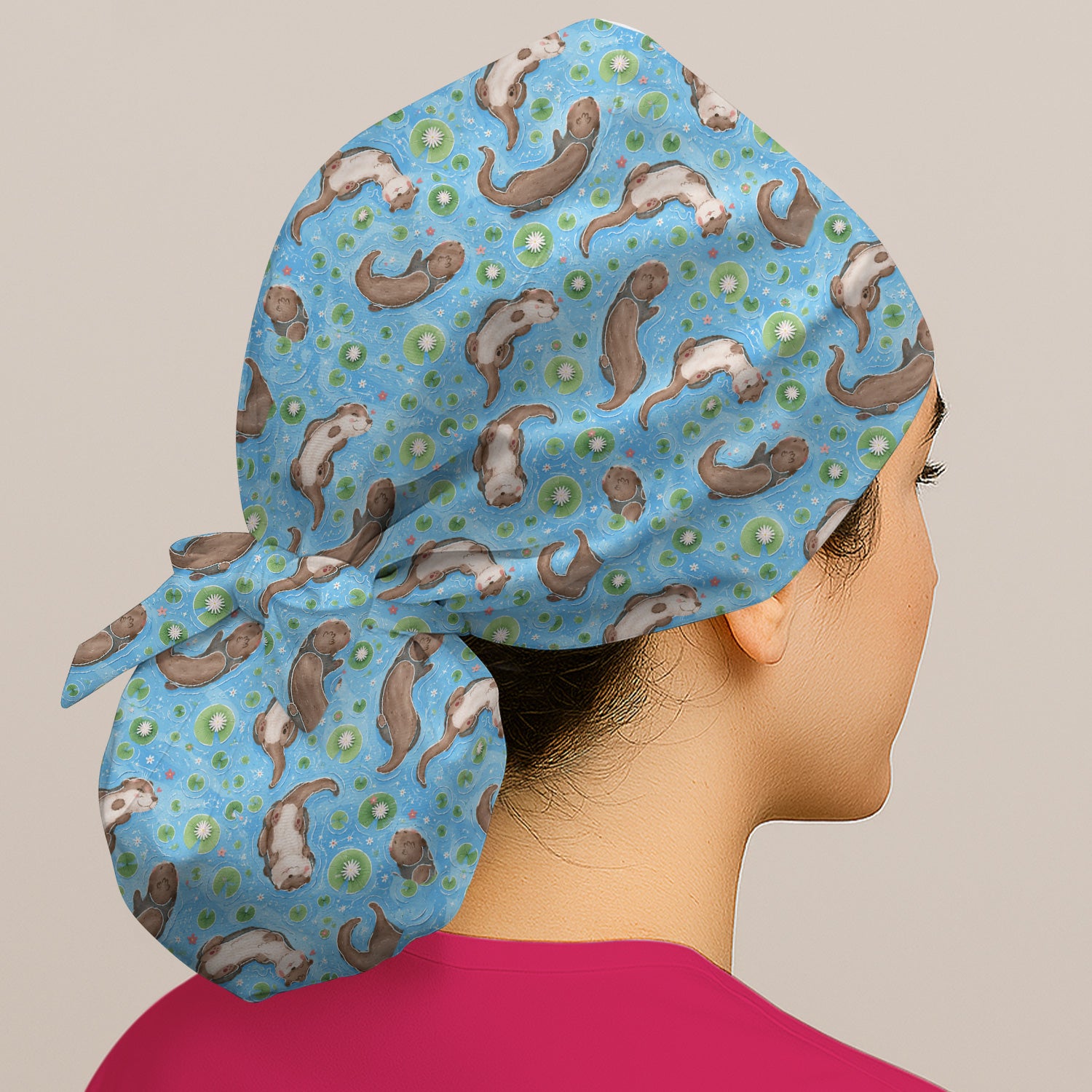 Cute Otter Lily Pond Nurse Print Scrub Cap, Surgical Caps for Doctors