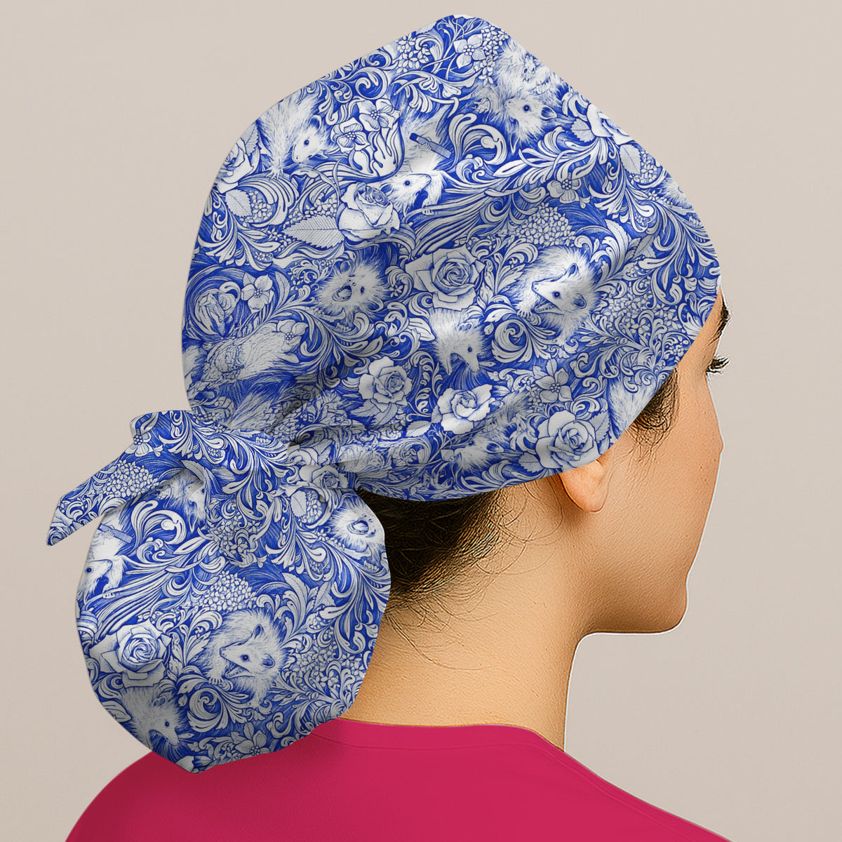 Blue Floral Opossum and Roses Scrub Cap, Surgical Caps for Doctors