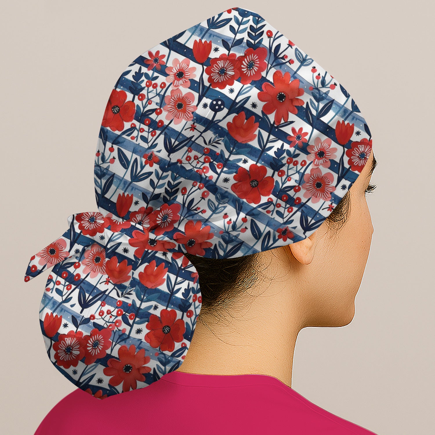 Red Poppy Navy Stripe Pattern Scrub Cap, Surgical Caps for Doctors