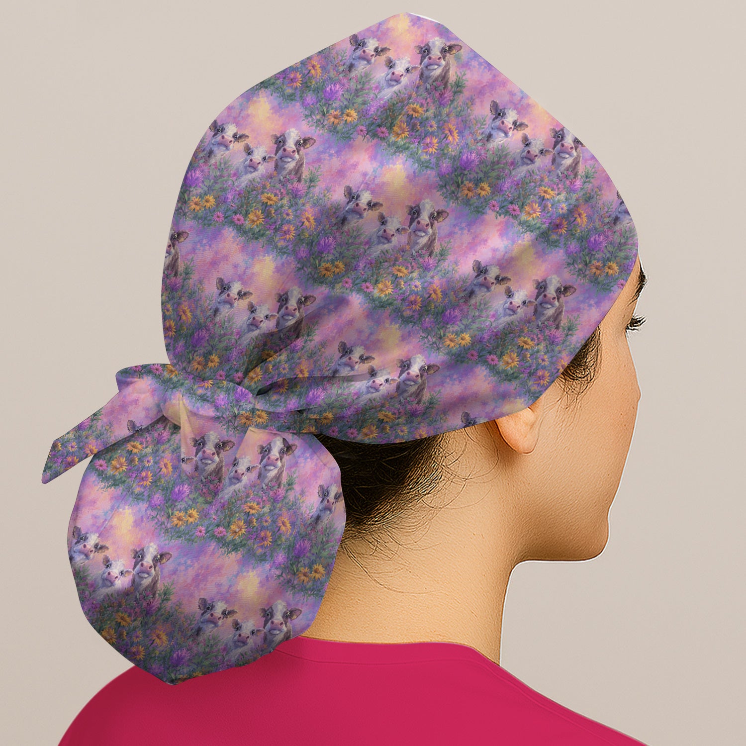 Pastel Cow Meadow Flower Pattern Scrub Cap, Surgical Caps for Doctors