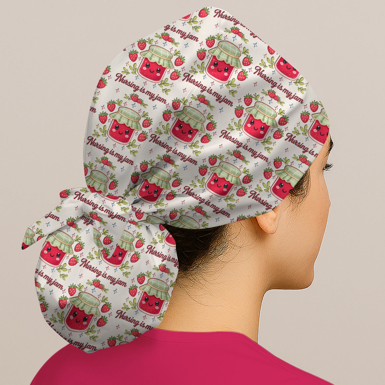 Cute Strawberry Jam Nurse Pattern Cap, Breathable Fabrics Caps Uniform