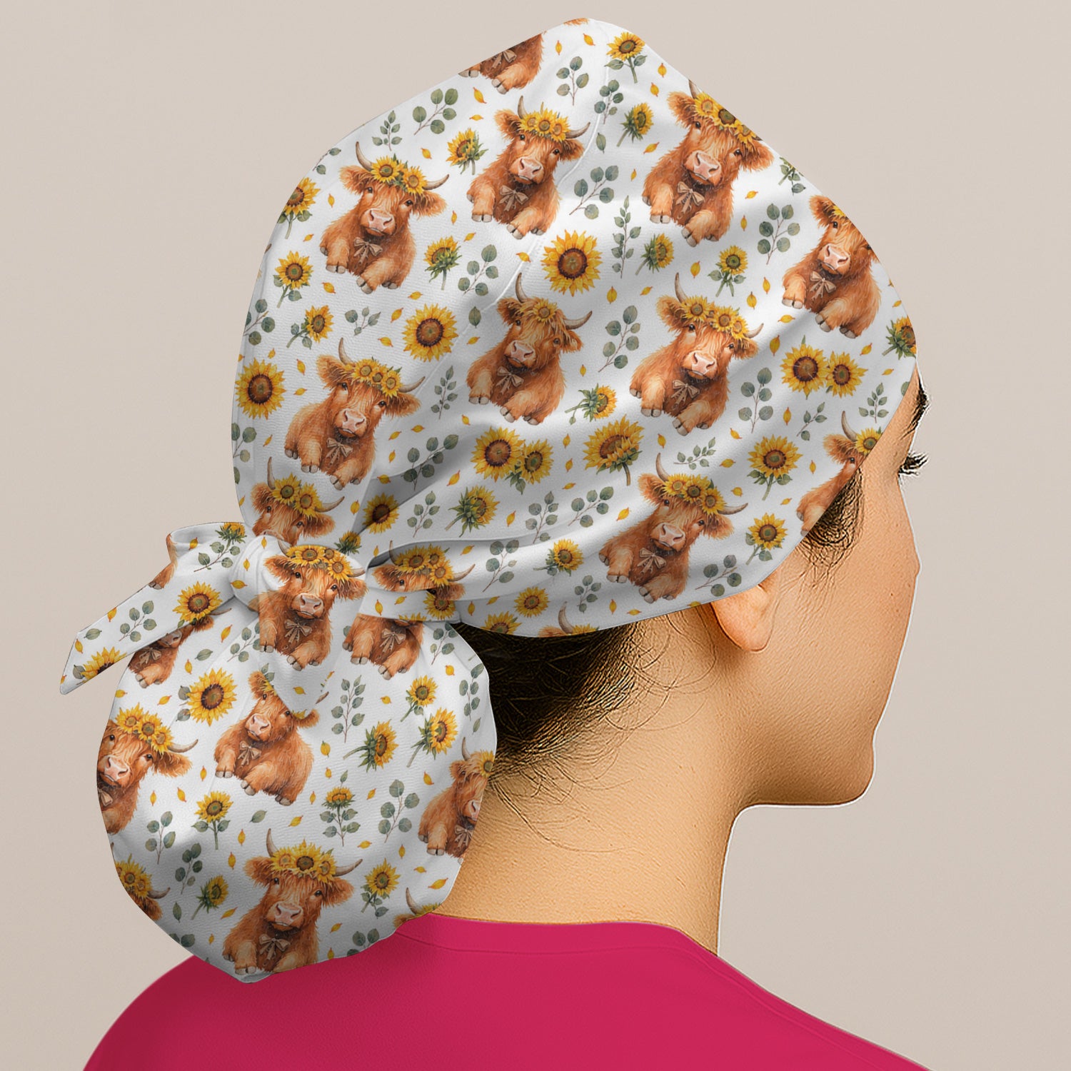 Rustic Highland Cow Floral Pattern Scrub Cap, Surgical Caps for Doctors