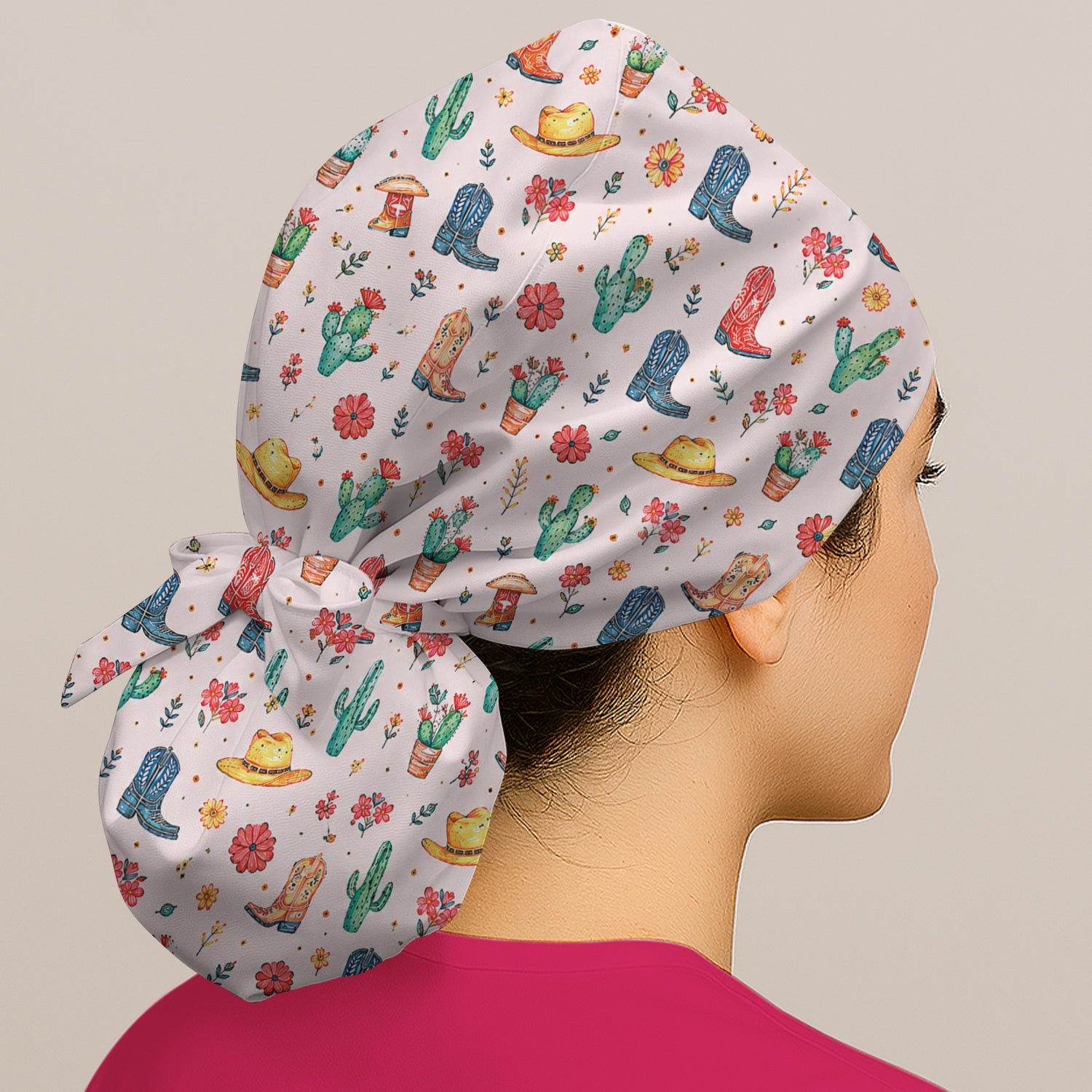 Whimsical Western Cactus Boots Pattern Cap, Bouffant Scrub Caps for Women