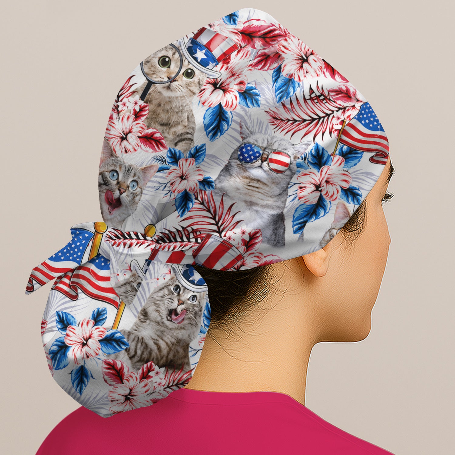 Patriotic Cat with USA Flag Scrub Cap, Surgical Caps for Doctors