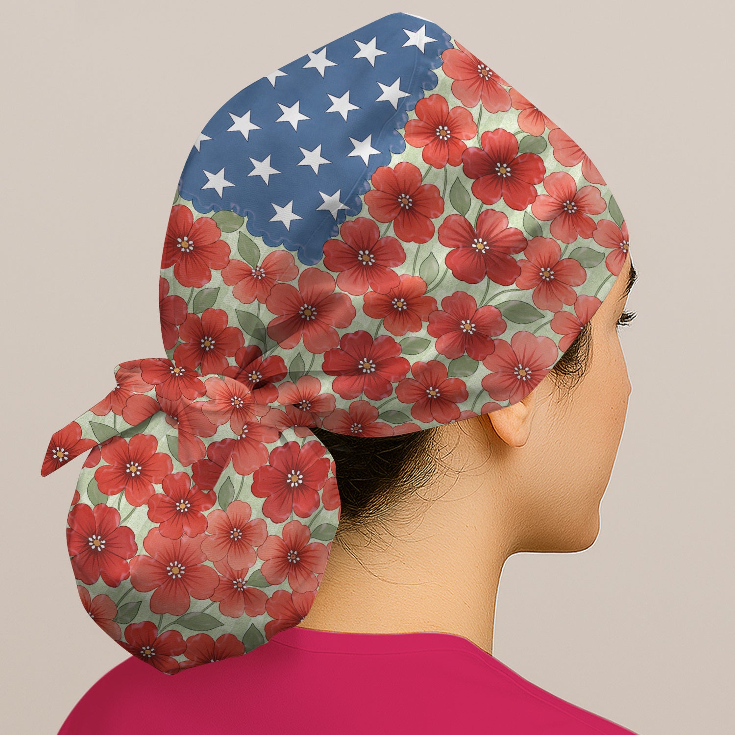 Patriotic USA Flag With Red Floral Blossom Pattern Scrub Cap, Surgical Caps for Doctors