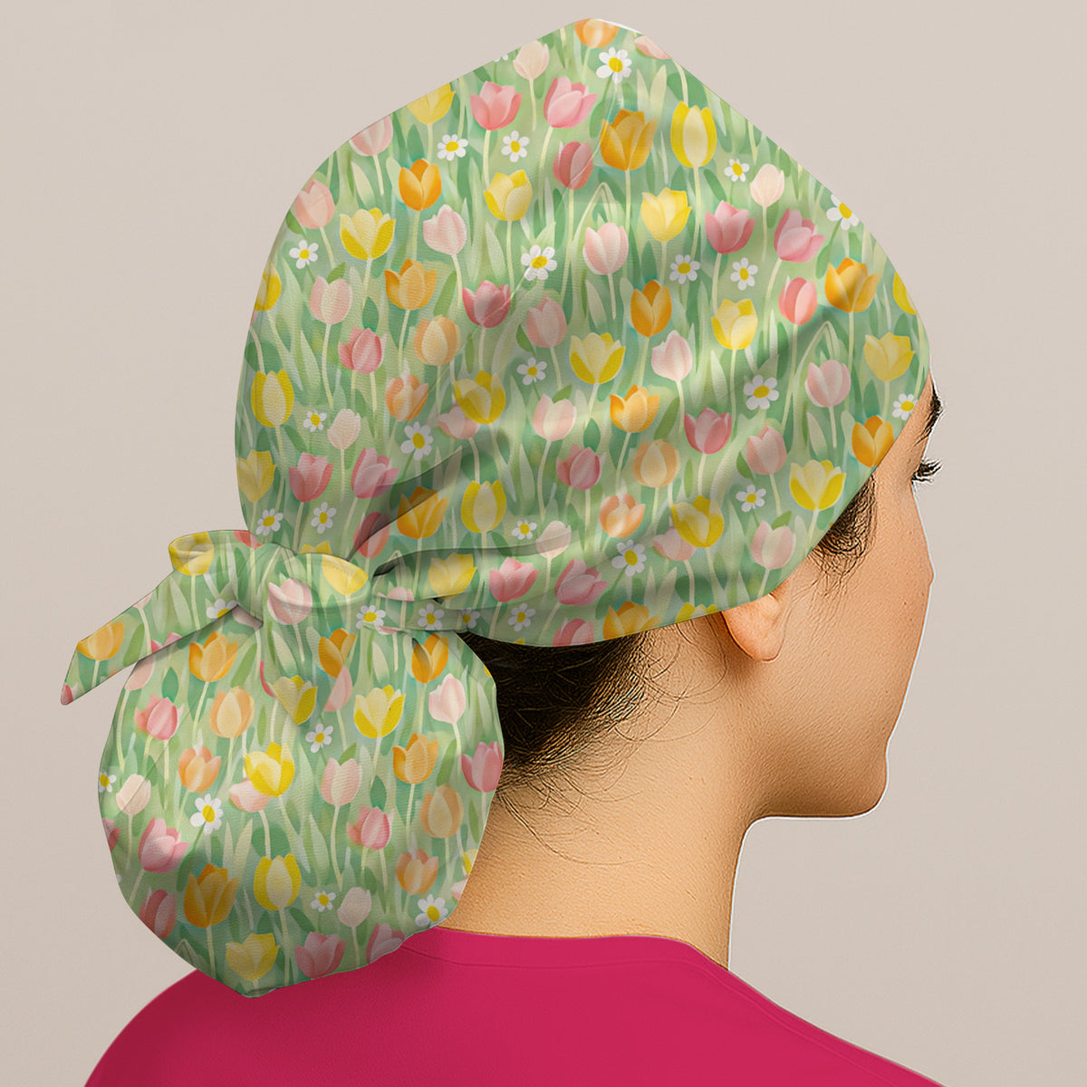 Cheerful Tulip Meadow Print Scrub Cap, Breathable Fabrics Caps Uniform