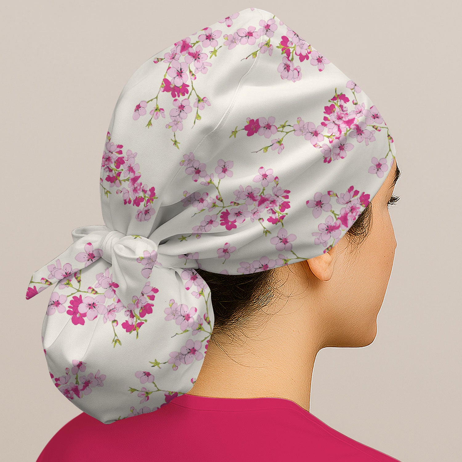 Elegant Cherry Blossom Floral Pattern Bouffant Cap, Scrub Caps for Women