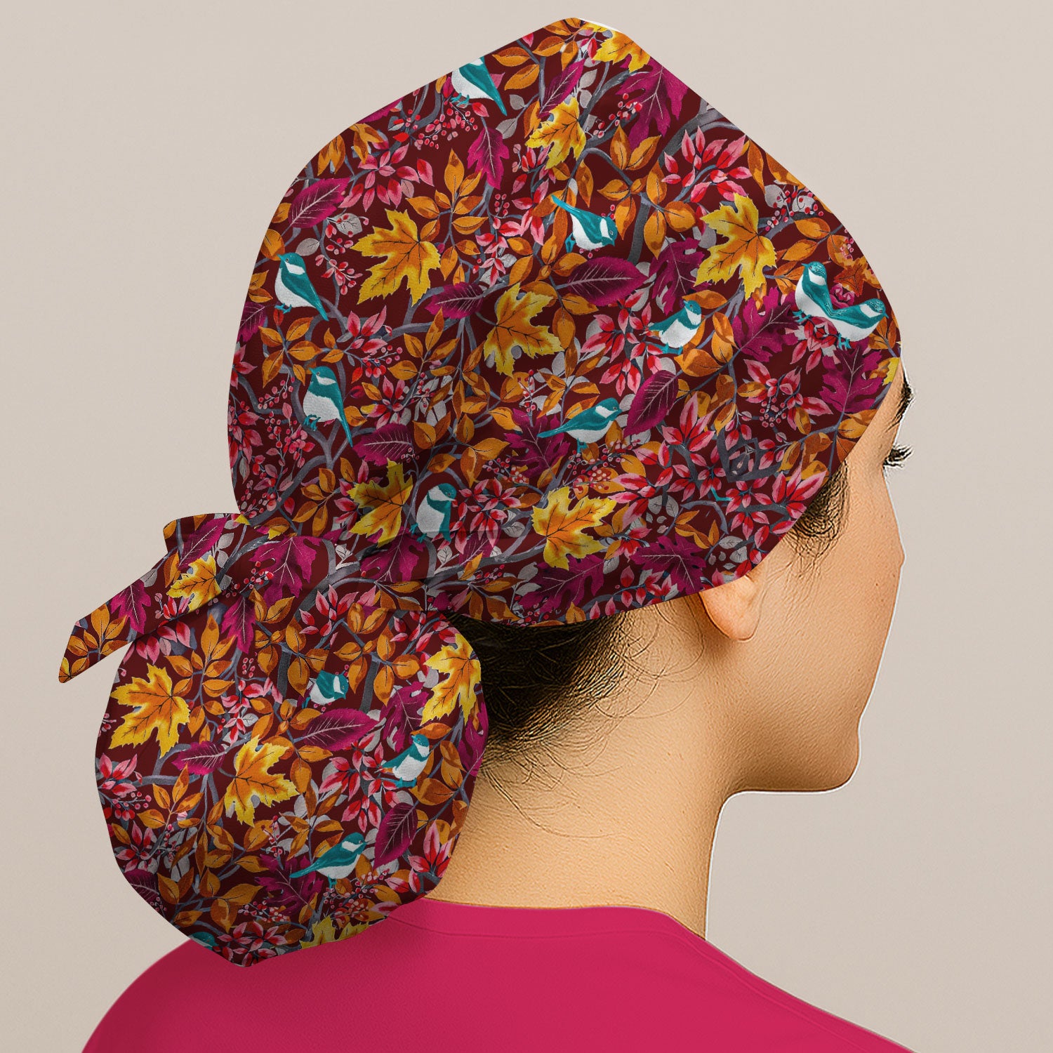 Autumn Leaves Blue Bird Pattern Print Caps, Surgical Caps for Doctors