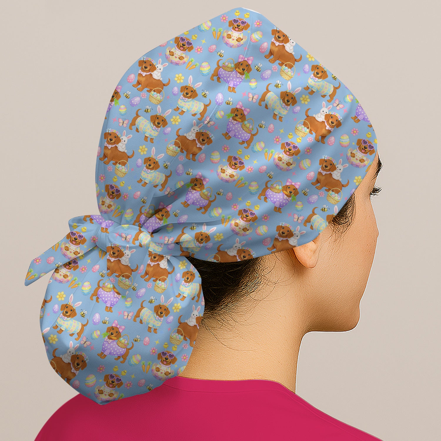 Cute Easter Dachshund Dog Pattern  Print Cap, Bouffant Scrub Caps for Women