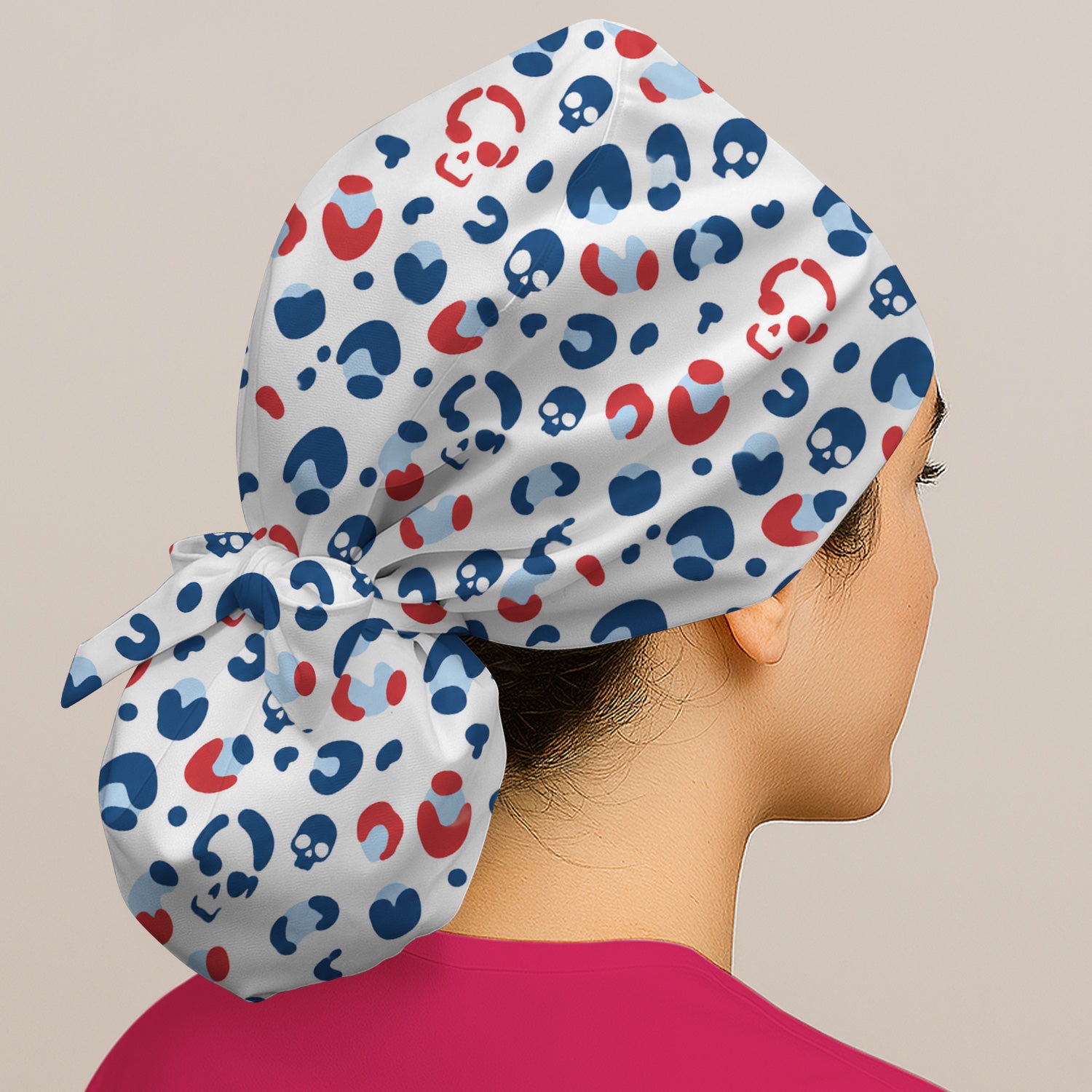 Red Blue Skull Leopard Pattern Scrub Cap, Surgical Caps for Doctors