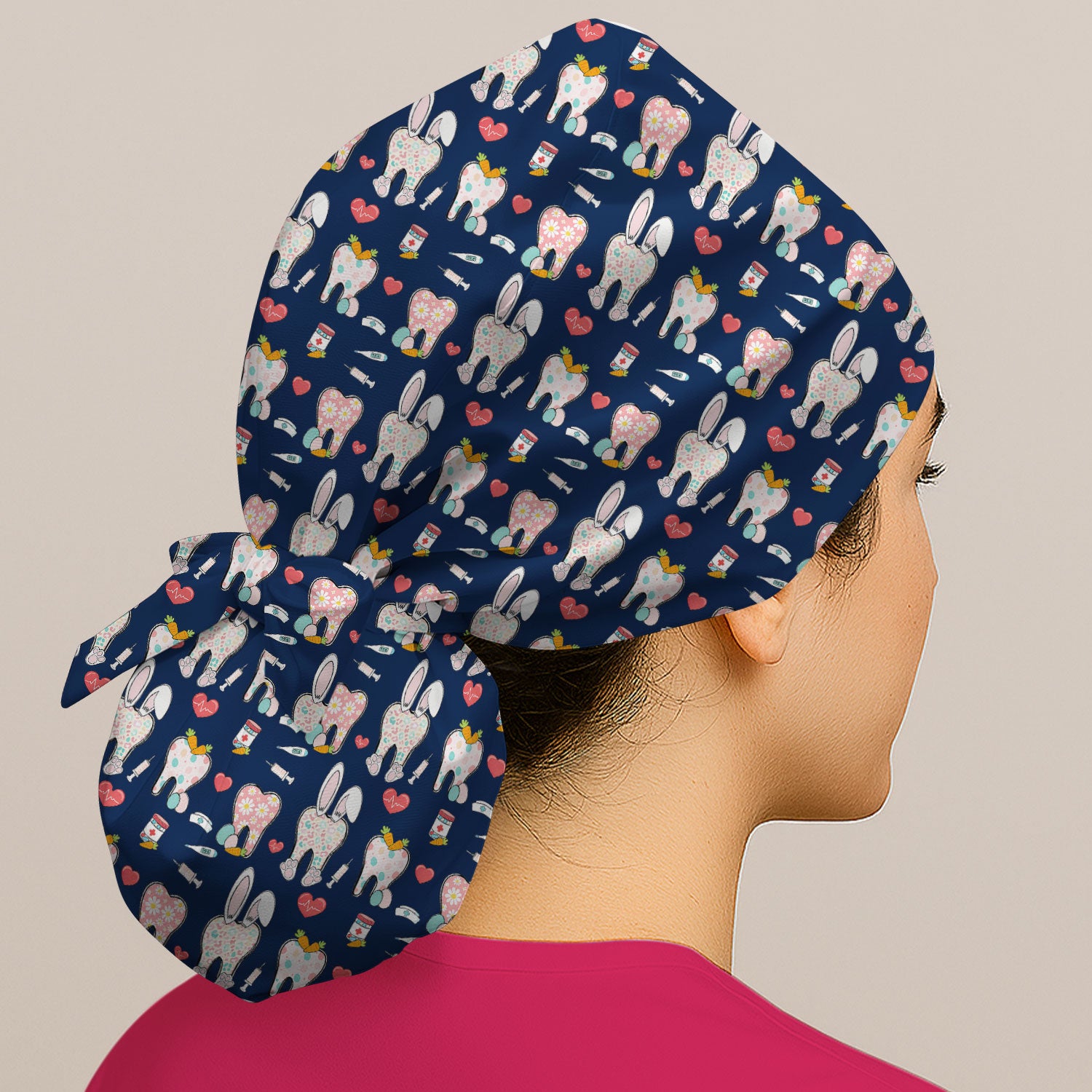 Playful Bunny Dentist Illustration Medical Cap, Bouffant Scrub Caps for Women