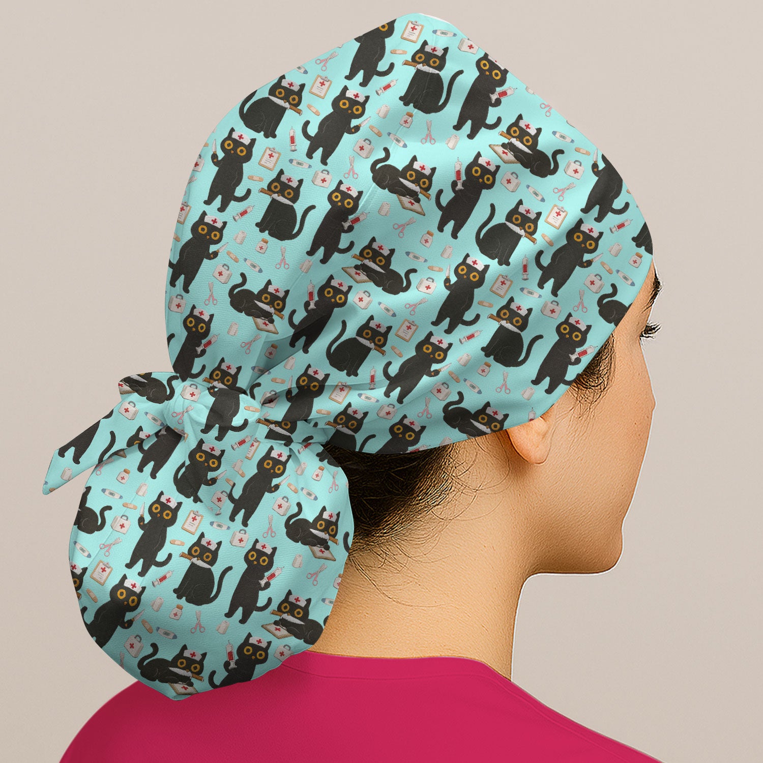 Cute Black Cat Nurse Pattern Cap, Bouffant Scrub Caps for Women